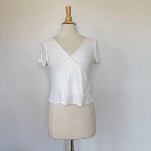 Solid White Ribbed V-Neck Faux Wrap Short Sleeve Top